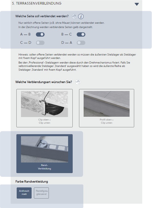 Auswahleinstellungen für Randverkleidungen