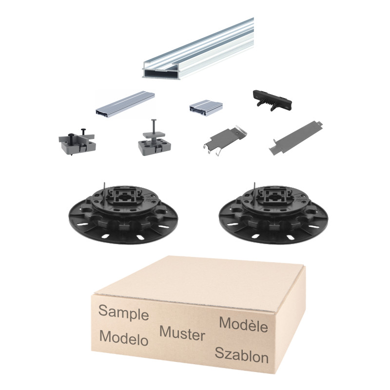 Musterset Schienensystem SLIM mit selbstnivellierenden Stelzlagern 5,1 bis 7,6cm
