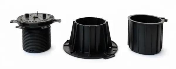 Einzelteile: Basis und Kopf des Stelzlagers Titan mit Adapter