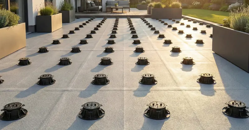 Darstellung aufgestellter Stelzlager Titan auf einer Terrasse