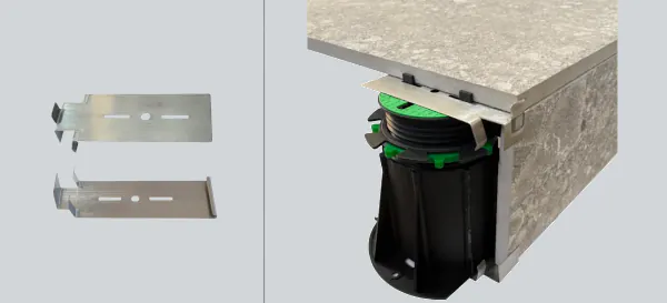 Darstellung Einzelteile und montierte obere und untere Setzstufen-Clips für Stelzlager selbstnivellierend EasyPro