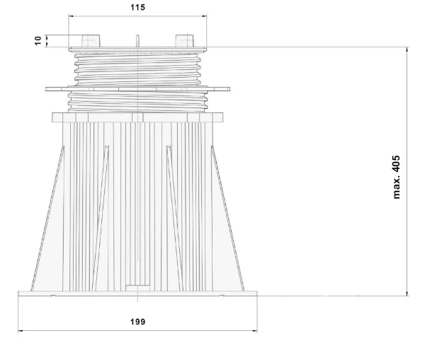 Technische Zeichnung des Stelzlagers EasyPro mit dem Verstellbereich 15,4 bis 40,5cm