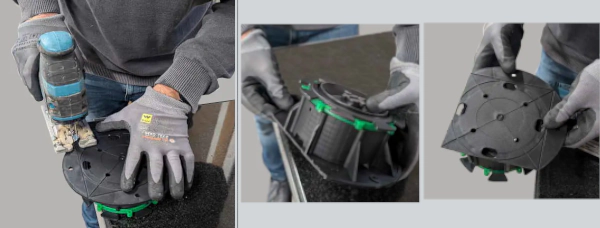 Zuschneiden der Stelzlager EasyPro und Darstellung der abgeschnittenen Stelzlager